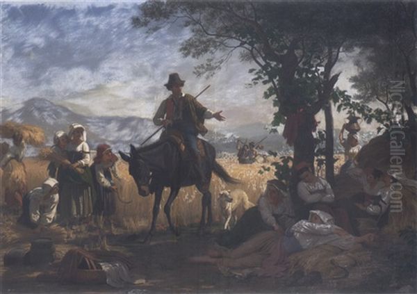 Getreideernte: Rastende Madchen In Der Mitte Bauer Auf Seinem Maultier Oil Painting by August Weckesser