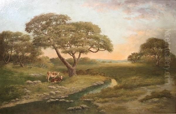 Cows Resting Near A Riverbank Oil Painting by Alphonso Herman Broad