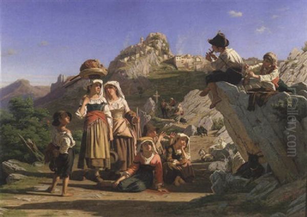 Bergers Musiciens Aux Environs D'anacapri Oil Painting by August Weckesser