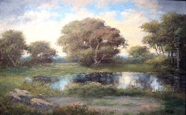 A Wooded Landscape With A Pond In The Foreground Oil Painting by Alphonso Herman Broad