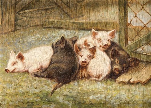 Ein Haufchen Schlafender Ferkel Oil Painting by Alfred Weczerzick