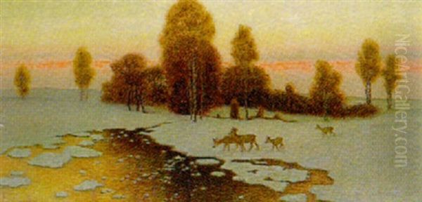 Rehe In Verschneiter Landschaft Oil Painting by Alfred Weczerzick