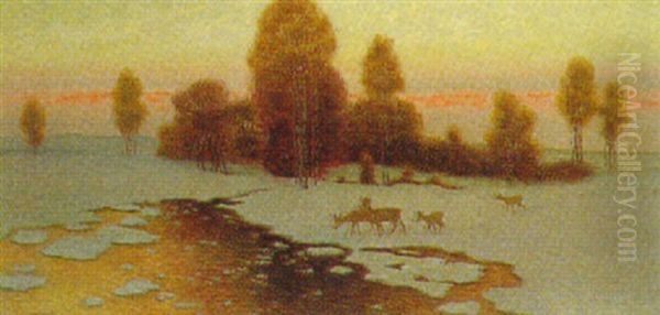 Rehe In Verschneiter Landschaft Oil Painting by Alfred Weczerzick