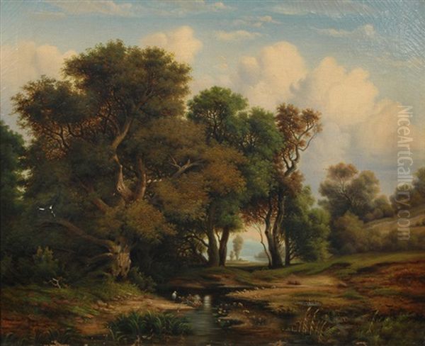 Idyllic Forest With Beck Oil Painting by August Wilhelm Wedeking