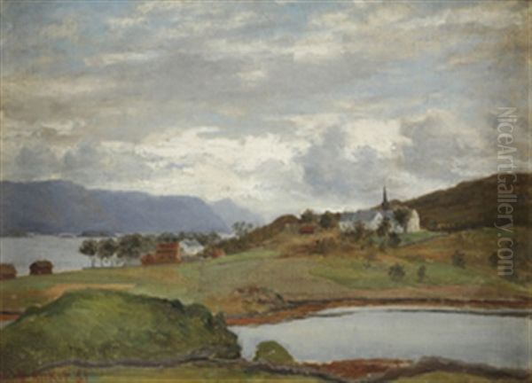 Landskap Med Hus Og Kirke Oil Painting by Johan Herman Wedel-Anker