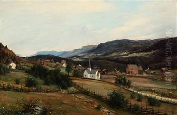 Norwegian Mountain Scape With A Village Oil Painting by Johan Herman Wedel-Anker