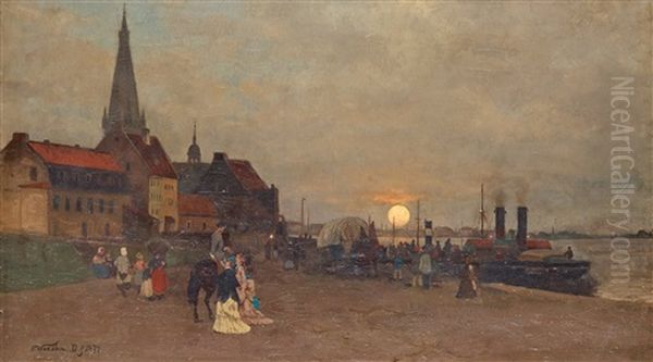 Sunset Over Dusseldorf And The Rhine Oil Painting by Erik Wedelin