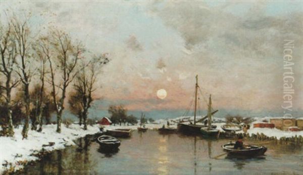 Vintervy Over Hamn Oil Painting by Erik Wedelin