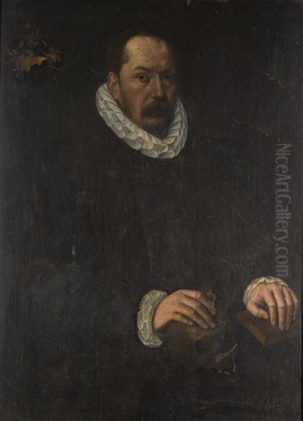 Portrait Of A Gentleman, Three-quarter-length, With His Hands Resting On A Skull And A Book Oil Painting by Gotthardt (Godert) de Wedig