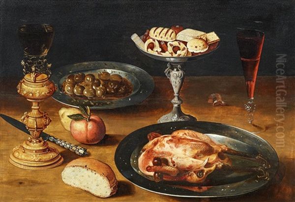 Stillleben Mit Einem Gebratenen Huhn, Brot Und Zuckerwerk In Prunkgefasen Oil Painting by Gotthardt (Godert) de Wedig