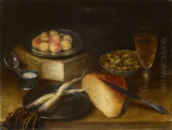 Stillleben Mit Rettich, Haselnussen, Pfirsichen, Kase, Brot Und Einem Flamischen Messer Oil Painting by Gotthardt (Godert) de Wedig