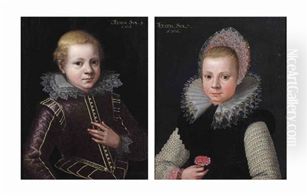 Portrait Of A Boy, Half-length, In A Violet Embroidered Coat With...; Portrait Of A Girl, Half-length, In A Black Dress With Gold... (pair) Oil Painting by Gotthardt (Godert) de Wedig