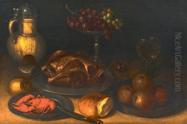 Composition Au Poulet Et A La Coupe De Raisins Oil Painting by Gotthardt (Godert) de Wedig