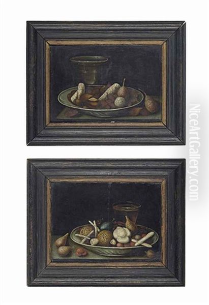 Sweetmeats, Almonds And Fruit In A Bowl, With A Beaker On A Stone Ledge (+ Sweetmeats And Nuts In A Bowl, With A Glass And Fruit On A Stone Ledge; Pair) Oil Painting by Gotthardt (Godert) de Wedig