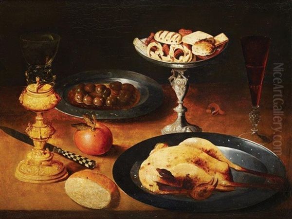 Nature Morte Au Plat D'olives, Romer Monte, Taza Presentant Des Biscuits, Verre De Vin, Poulet Roti Et Orange Sur Un Entablement Oil Painting by Gotthardt (Godert) de Wedig