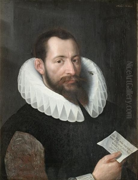 Portrait Of Gentleman, In A Black Tunic And A White Lace Collar, Holding A Letter by Gotthardt (Godert) de Wedig