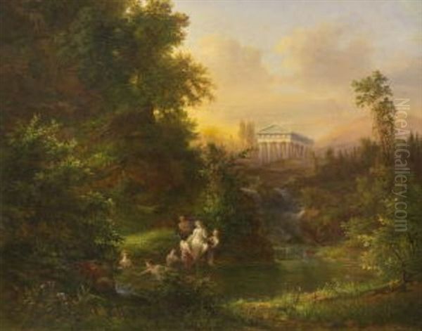 Diana Mit Ihren Nymphen Beim Bade In Antikischer Landschaft Oil Painting by Eduard Von Weeber