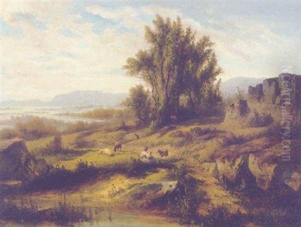 Felsige Landschaft Mit Hirte Und Vieh Oil Painting by Eduard Von Weeber