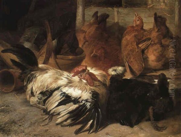 A Silvery-grey Rosecomb Cock And A White-crested Black Poland With Hens Oil Painting by Henry Weekes