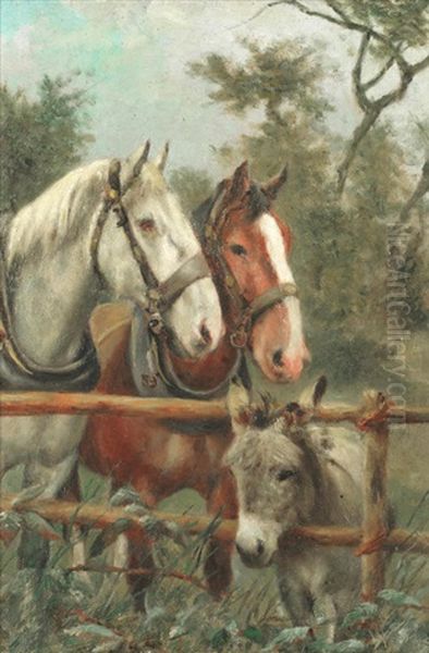 Farmyard Gossip; To Be Sold With Two Other Portraits Of Horses And Donkeys By The Same Artist Oil Painting by William Weekes