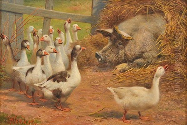 Farmyard Encounter Oil Painting by William Weekes