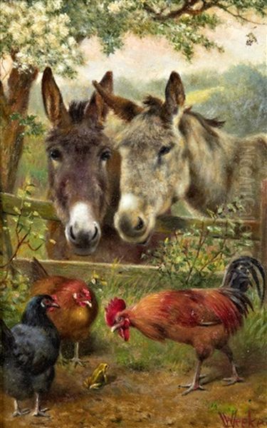 Two Donkies Leaning Over A Fence Watching Chickens And A Cockrell Scratching Around A Frog Oil Painting by William Weekes