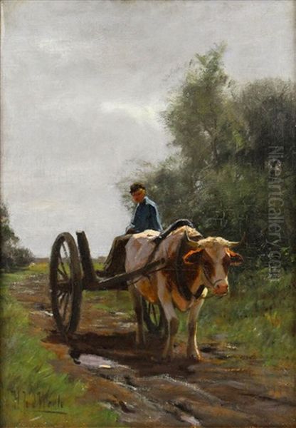 Man In An Ox Cart Oil Painting by Herman Johannes van der Weele