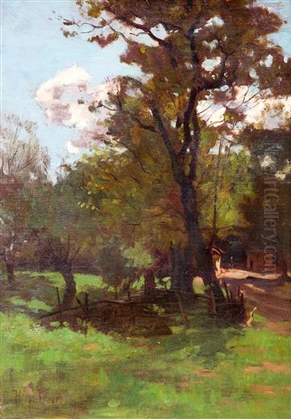 Landscape With Tree Near A Fence Oil Painting by Herman Johannes van der Weele