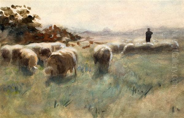 Herder Met Schaapskudde (+ Another, Similar, Watercolor; 2 Works) Oil Painting by Herman Johannes van der Weele