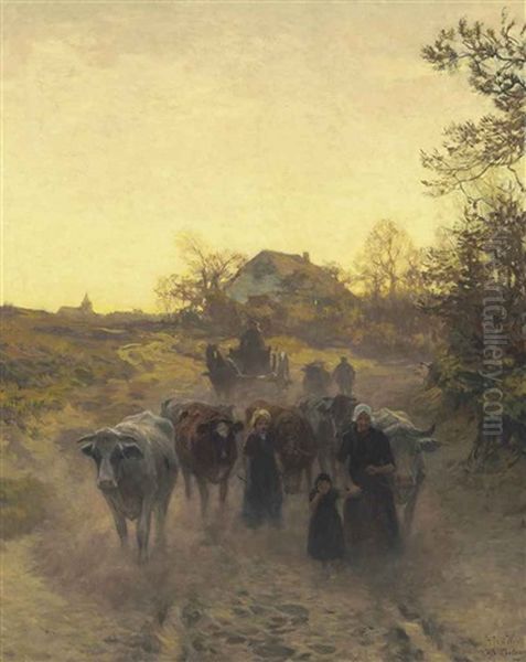 Landscape With Cows Oil Painting by Herman Johannes van der Weele