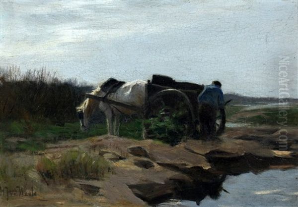 Boer Met Paard En Wagen Bij Het Water Oil Painting by Herman Johannes van der Weele