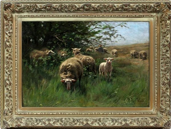 Shepherd And Sheep In Pastoral Landscape With Trees On Left Oil Painting by Herman Johannes van der Weele