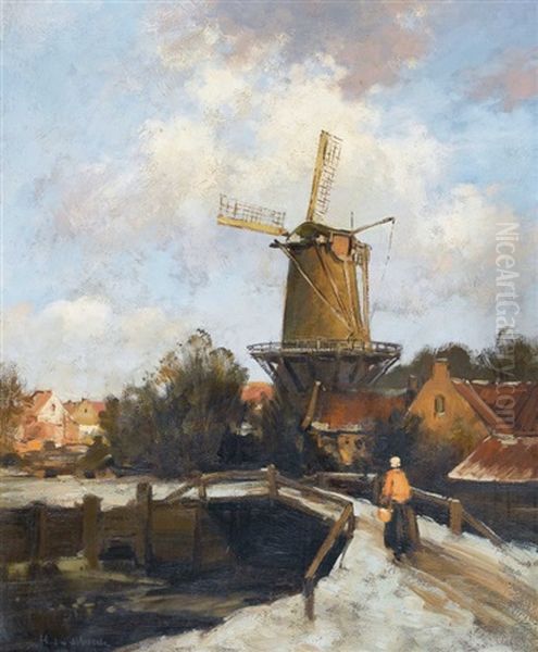 Brucke Mit Bauerin Und Windmuhle Oil Painting by Herman Johannes van der Weele