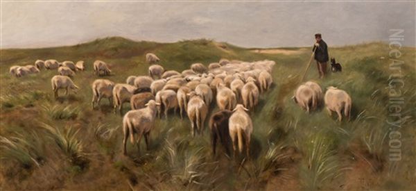 Shepherd With His Flock Of Sheep by Herman Johannes van der Weele