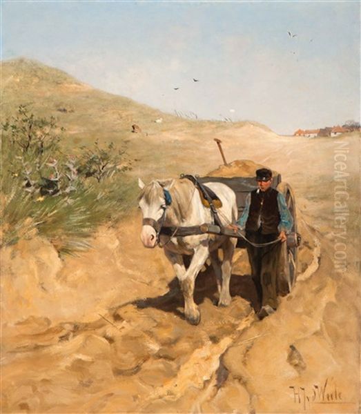 Farmer With Horse And Wagon In The Dunes Oil Painting by Herman Johannes van der Weele