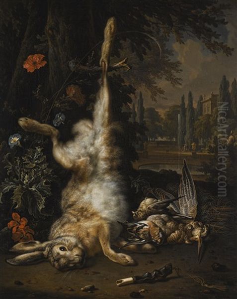 Still Life Of Game With A Hare, Snipe And Other Small Birds, A Park Landscape Beyond Oil Painting by Jan Weenix