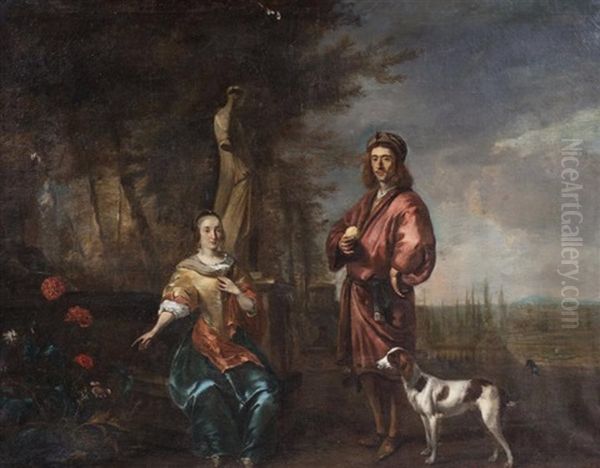 Couple Et Leur Chien Dans Un Paysage Orne De Statues Oil Painting by Jan Weenix