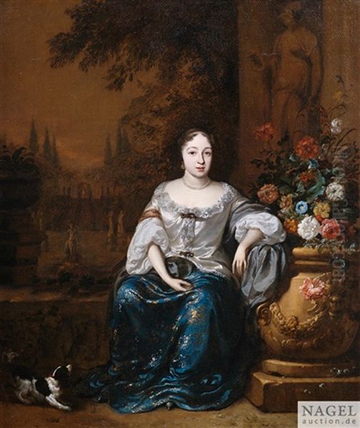 Bildnis Einer Eleganten Dame Mit Ihrem Hund Auf Einer Terrasse Vor Parklandschaft Oil Painting by Jan Weenix