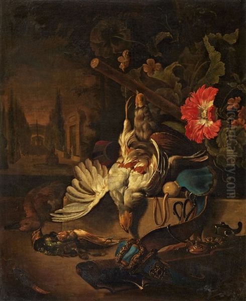 Jagdstillleben Mit Rebhuhn In Einer Parklandschaft Oil Painting by Jan Weenix