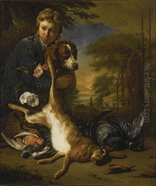 A Boy And A Dog With A Still Life Of Game, In A Park Landscape Oil Painting by Jan Weenix