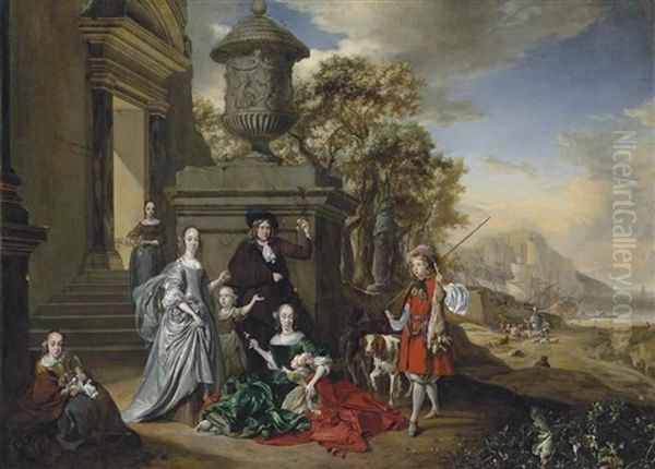 A Group Portrait Of An Elegantly Dressed Family By A Classical Building, With A Boy Approaching, Holding Game And A Rifle, A Coastal Landscape Beyond Oil Painting by Jan Weenix