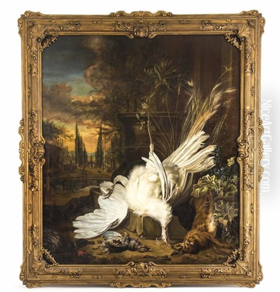 Stillleben Mit Weisem Pfau Und Blick Auf Einen Park Oil Painting by Jan Weenix