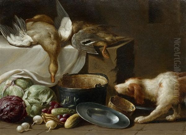 Kuchenstillleben Mit Enten, Vielerlei Gemuse, Kuchengeschirr Und Einem Hund Oil Painting by Jan Weenix