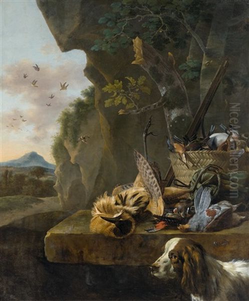 Jagdstillleben Mit Einer Rohrdommel Und Einem Hund In Einer Landschaft (collab W/workshop) Oil Painting by Jan Weenix