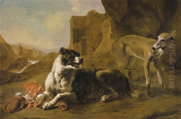 La Raison Du Plus Fort: Two Dogs Fighting Over Meat Oil Painting by Jan Baptist Weenix