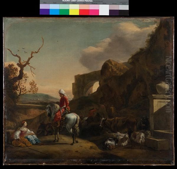 An Italianate Landscape With A Moorish Rider Conversing With A Shepherdess Resting On The Roadside, A Ruined Roman Aqueduct Beyond by Jan Baptist Weenix