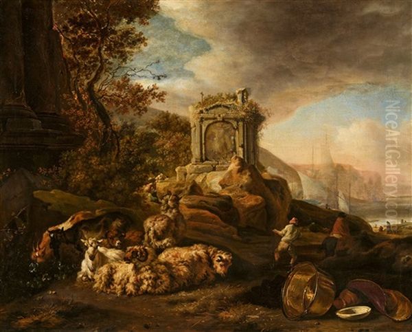 Southern Landscape With Sheep And Goats By A Chapel And A Harbour Oil Painting by Jan Baptist Weenix