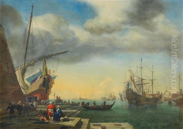 A Mediterranean Harbour Scene With Figures Gathered Oil Painting by Jan Baptist Weenix