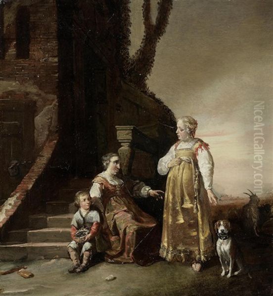 A Lady Conversing With A Peasant Woman And Child Seated On A Staircase Oil Painting by Jan Baptist Weenix