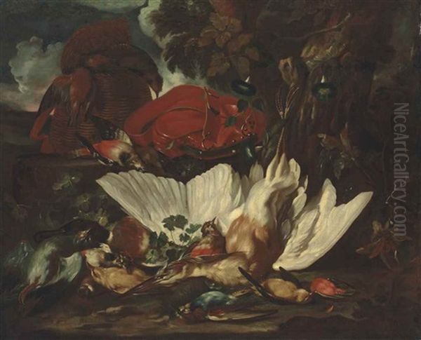 A Heron, A Woodpecker, A Mallard, And Other Game Birds, In A Wooded Landscape Oil Painting by Jan Baptist Weenix